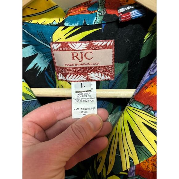 VTG Hawaiian shirt button up short sleeve tropical jungle leaves and parrots L - Picture 4 of 7